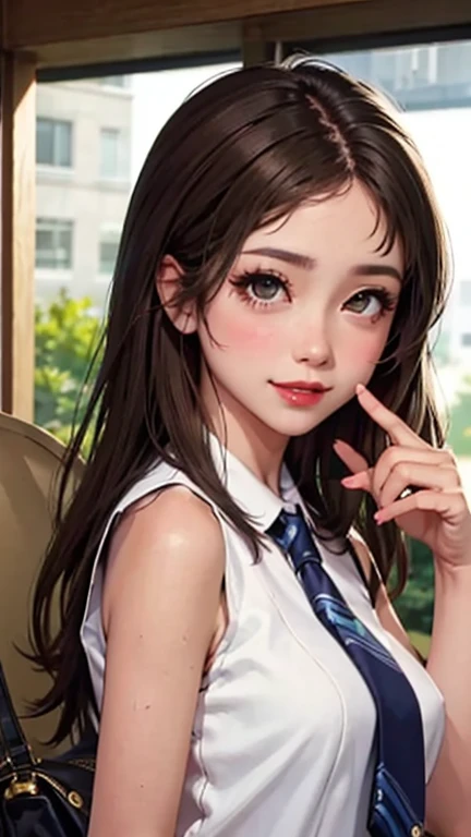 blush a little and smile, (Top quality masterpiece:1.2) Delicate illustrations, Very detailed, /Beautiful Japanese Women、1 person,Very cute and slim、Great style 、((8K images、super high quality))、Very delicate face, Skin and Hair、beautifule forehead、Red lipstick、(((((Mid-length hair、Brown Hair、lure))))),Very cute Japanese cut face、Eyes and nose are clearly visible、Kind eyes,((((Sleeveless fashion))))