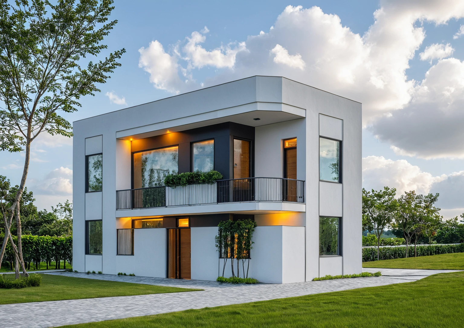 Masterpiece, high quality, best quality, authentic, super detail, outdoors, onestoreyvillaXL, aiaigroup, house style modern on the street ,stairs, white wall ,road,pavement, grass, trees, sky, cloud, (daylight:1.1)