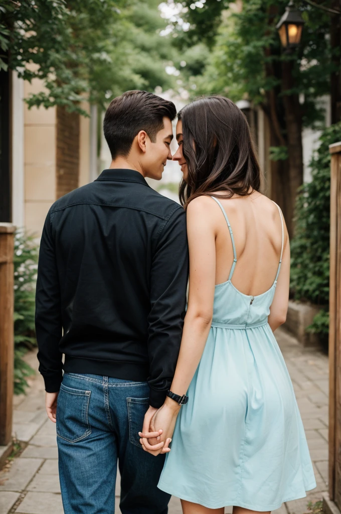 A beautiful portrait of a couple holding hands from behind 