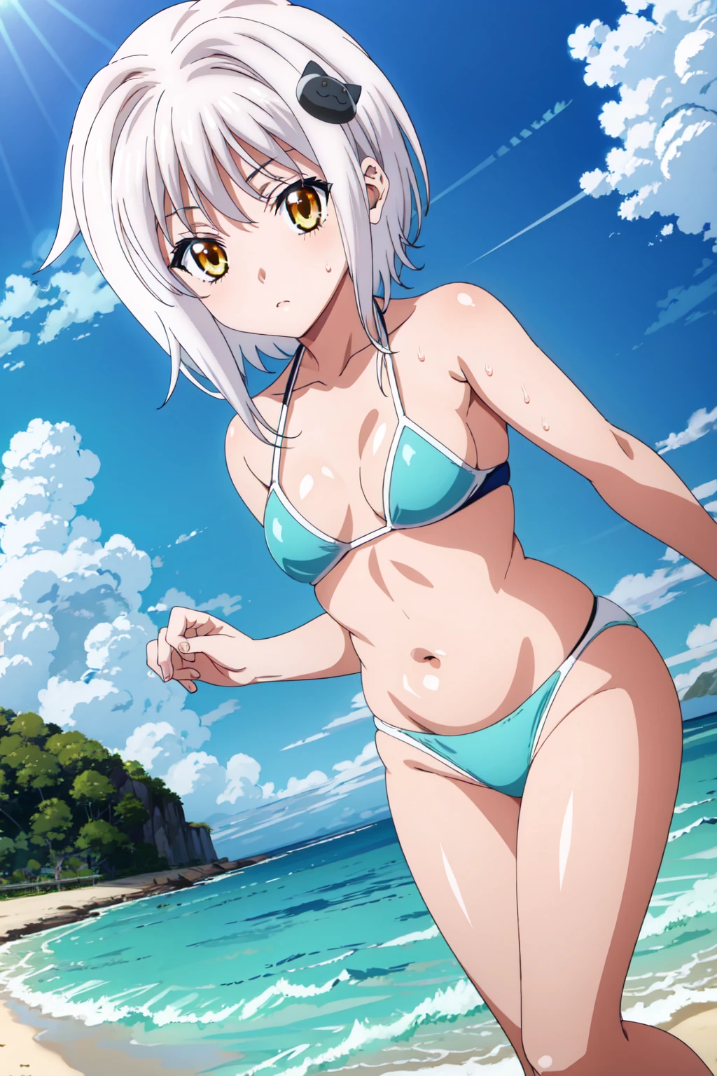 eft_dxd_white, 1girl, cat hair ornament, yellow eyes, hair ornament,white hair, solo, short hair,  looking at the viewer, blue theme, blue background, cloudy sky, sunlight, sweat, orgasmic, bikini swimsuit, medium breasts, cleavage, belly button exposed, collarbone, thighs, sea and beach,