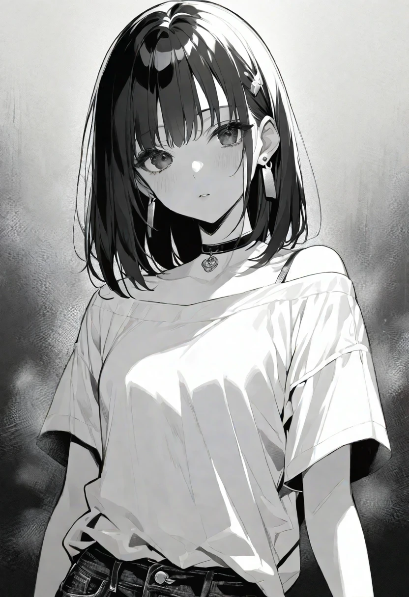 solo, handsome, monochrome,
1. Female,
Hime cut,Straight Hair,Bob Hair,
BLACKhair,
Nakano Yotsuba,
BLACK Eyes,Soft look,beautiful,beautiful,Sexy,Darkness,Lots of silver earrings,choker,
White Off Shoulder, White shirt, Short sleeve ,Distressed jeans,
skin,
BLACK background,