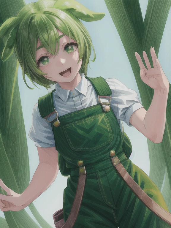 masterpiece, 1girl, original character, energetic, green overalls, boyish outfit, happy, detailed eyes, detailed face, detailed skin, realistic, photorealistic, 8k, highres, best quality, ultra-detailed, cinematic lighting, vibrant colors, dynamic pose