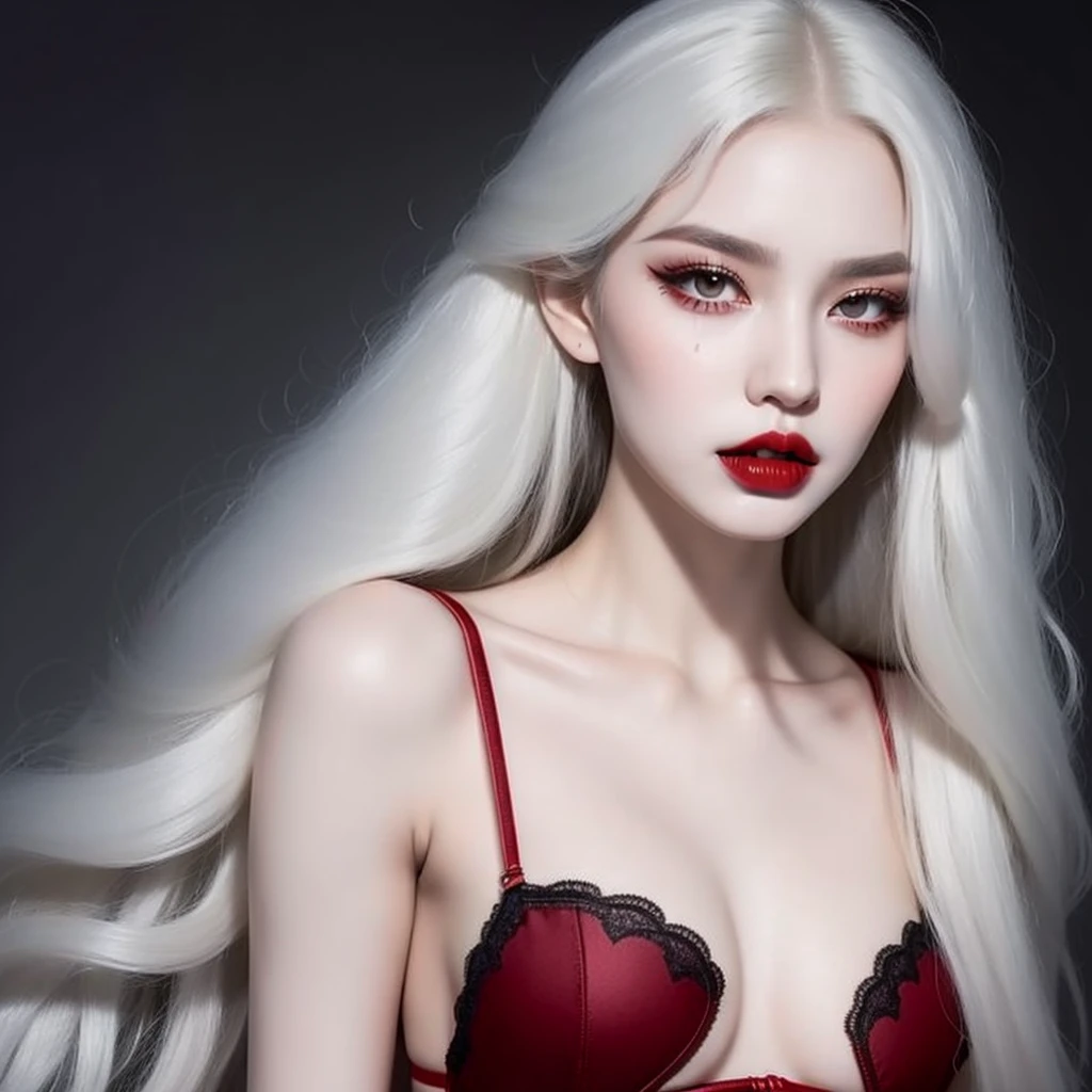 1 vampire girl, better_scar, veins, burn scar, scar on nose, white hair, long choppy hair, blunt bangs, serious, vampire, pale skin, lipstick, lips, red lips, big breasts, eyeliner, bra, fangs ((solo half body portrait) high quality ((HD)) beautiful, sexy