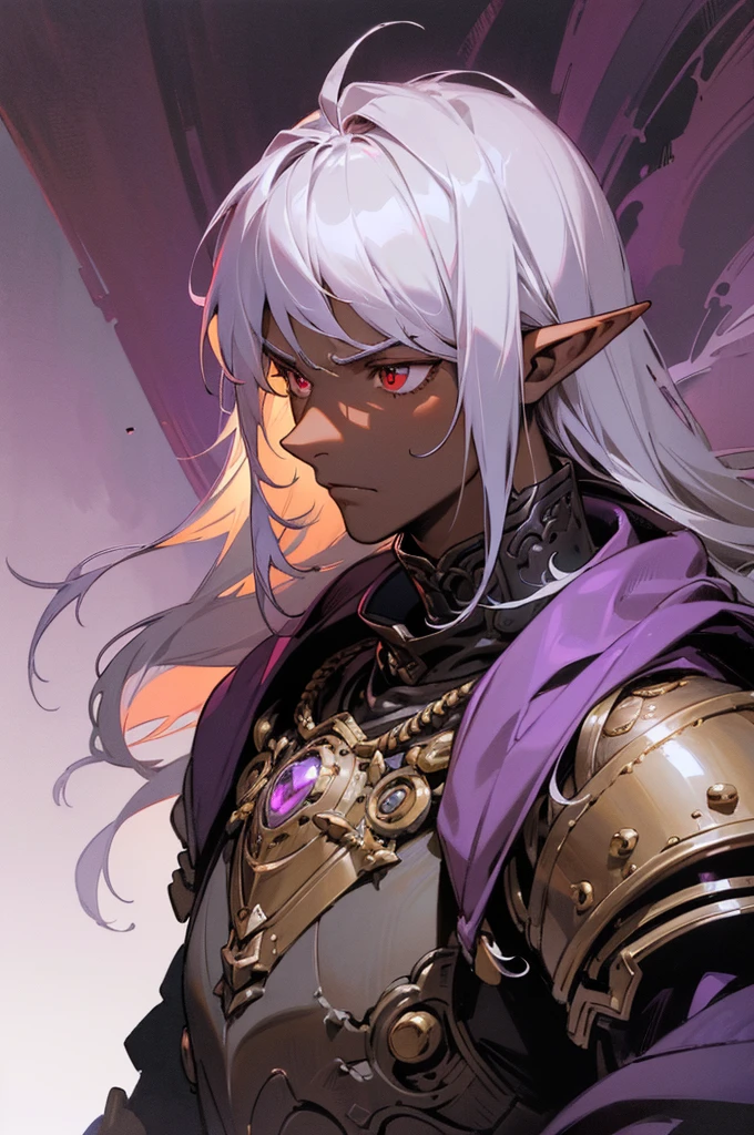 masterpiece, best quality, ultra high res, dark theme, 1boy, (dungeonpunk armor), (mechanical steampunk armor), (wearing armor), fantasy illustration, dark skinned, human, upper body, portrait, red eyes, long white hair, half-drow, pointy ears, serious face, young man, dramatic lighting, purple hue, art by Kinema Citrus