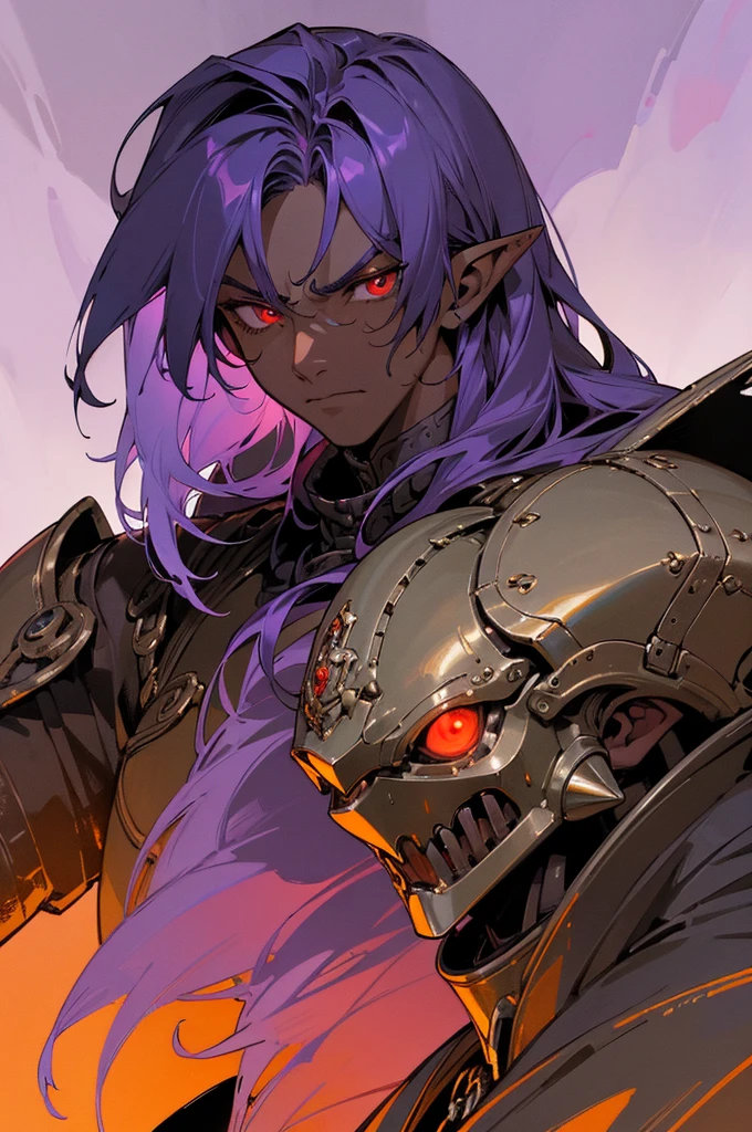 masterpiece, best quality, ultra high res, dark theme, 1boy, (dungeonpunk armor), (mechanical steampunk armor), (wearing armor), fantasy illustration, dark skinned, human, upper body, portrait, red eyes, long white hair, half-drow, pointy ears, serious face, young man, dramatic lighting, purple hue, art by Kinema Citrus