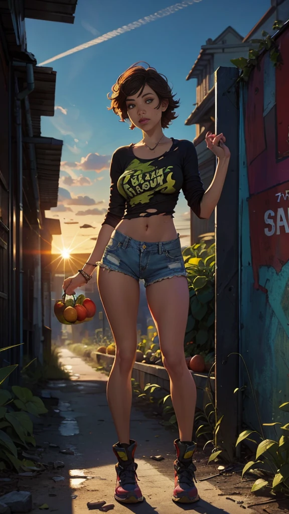 2076 year. N.uh. The Urban Ruins of the Wasteland, Female huntress picking fruit in the garden, beautiful face, torn shirt and denim shorts ,  long legs, sweating through, sun rising, Nice warm colors, head to toe full body shot