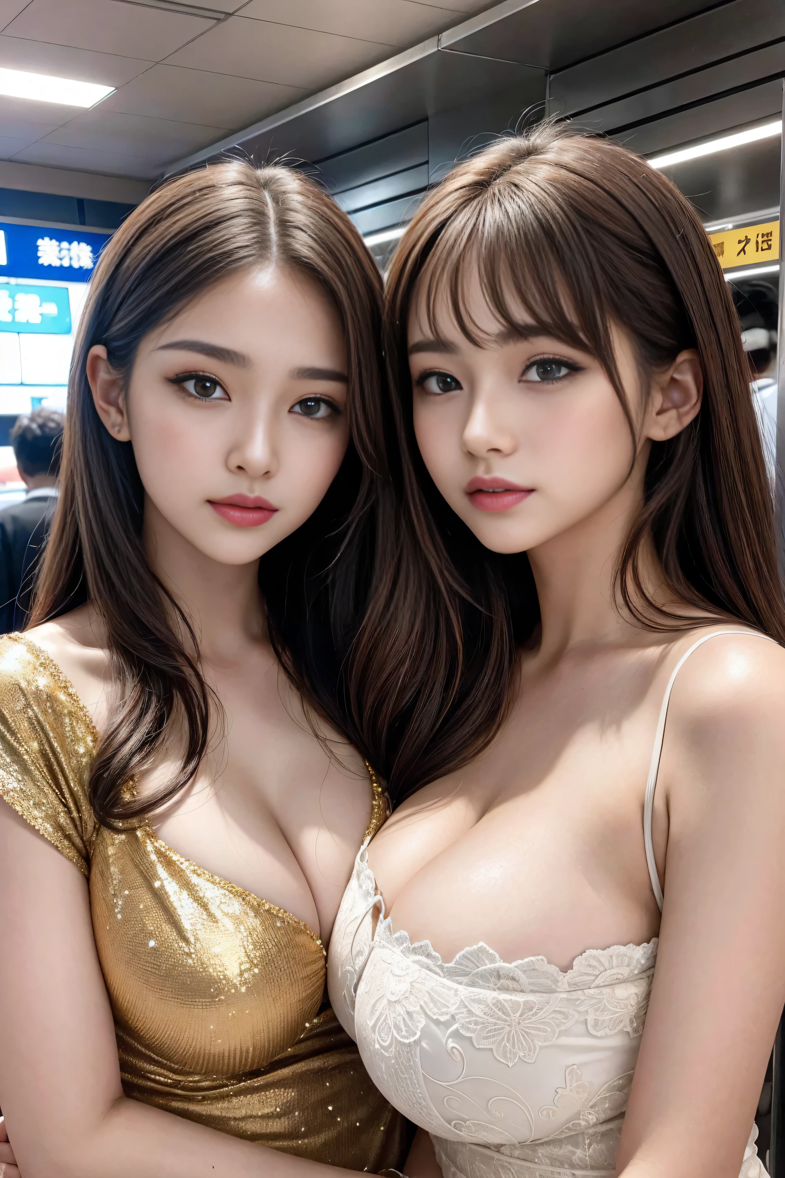 (2 girls), beautiful, Amazing face and eyes, brown hair,cosmetic, (Extremely delicate beautiful face), (The sexiest look), (beautiful big breasts:1.1), (best quality:1.4), (Ultra Detailed), (Extremely detailed CG unified 8k wallpaper), Very detailed, original photo, Professional photography, ((dress)), (Tight dress), (Super short dress),Tokyo Subway Station、MRT station,whole body