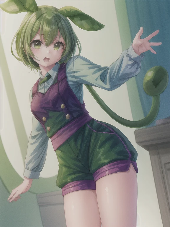 1girl, ずんだ もん, green salopette shorts, boyish outfit, energetic, solo, original character, masterpiece, best quality, 8k, extremely detailed, realistic, photorealistic, ultra-detailed, HDR, UHD, studio lighting, ultra-fine painting, sharp focus, physically-based rendering, extreme detail description, professional, vivid colors, bokeh, portrait