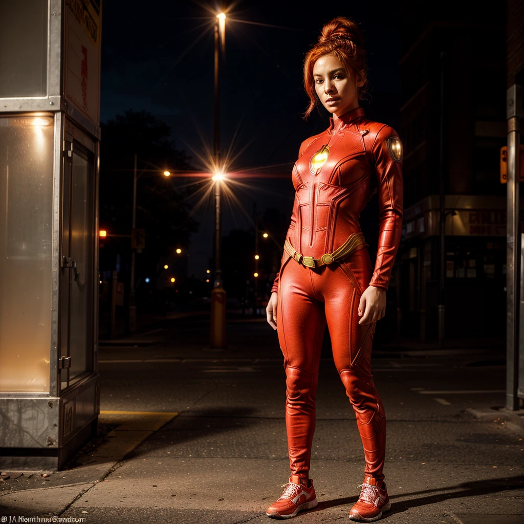 Full body view of a 22 year old bi-racial girl with fiery red hair that is tied into a bun and brown eyes wearing a bright red superhero suit with an emblem of a torch in the center of her suit in the streets of New York City