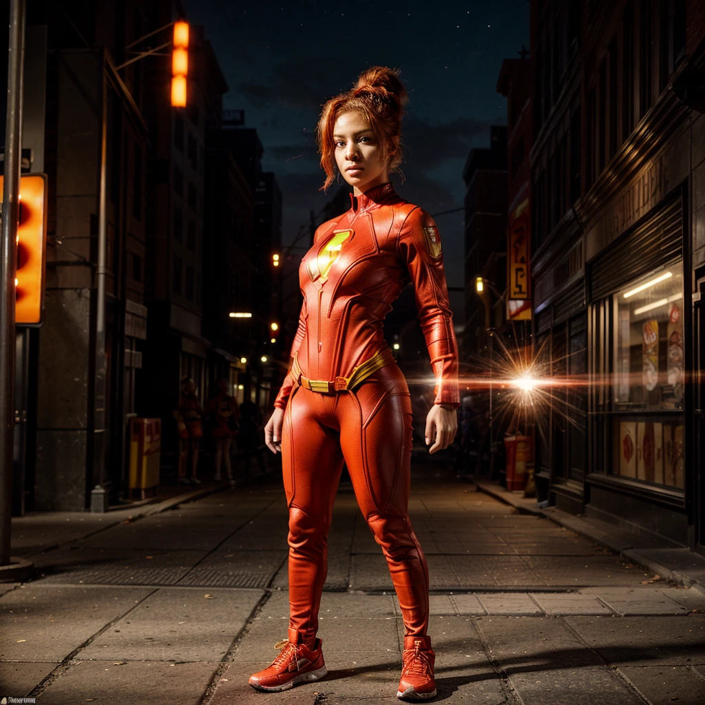 Full body view of a 22 year old bi-racial girl with fiery red hair that is tied into a bun and brown eyes wearing a bright red superhero suit with an emblem of a torch in the center of her suit in the streets of New York City
