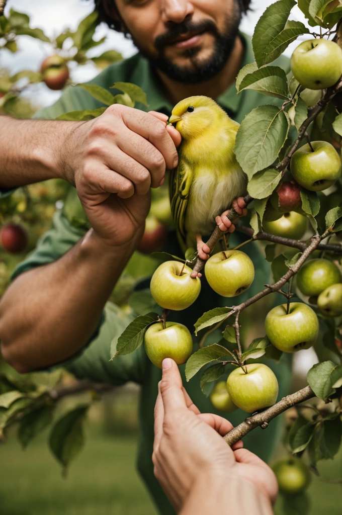 A man grabbing a green canary from an apple tree
