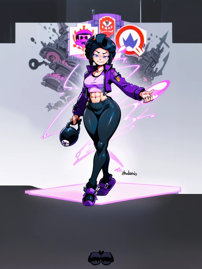 (((My Hero Academia Style))), (((Bibi))), (((Brawl Stars))), (((Wide hips))), (((wide thighs))), (((medium breasts))), (((blue spiked leather jacket))), (((blue leather jacket))), (( (leather jacket with spikes))), (((lilac top tank))), (((top tank))), (((Abs))), (((exposed abdomen))), (((marked abdomen))), (((tight leggings black))), (((tight leggings))), (((black leggings))), (((baseball bat))), (((Holding a baseball bat))), (((holding a bat))), (((shark smile))), (((lilac eyes))), (((evil smile))), (((traditional black slippers))), (((black slippers))), (((traditional slippers))), (((hair black))), (((pompadour hairstyle))), (((black hair pompadour hairstyle))), (((perfect anatomy))), (((perfect hands))), (((super detailed))), ( ((full body photo:1.5))), 