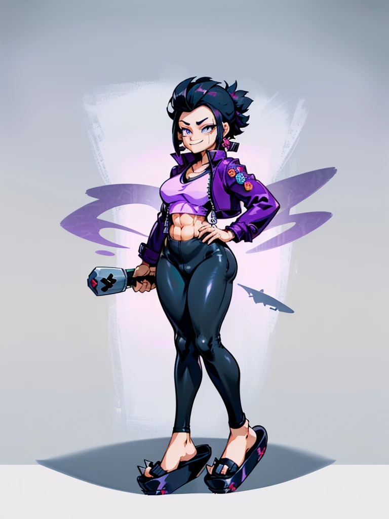 (((My Hero Academia Style))), (((Bibi))), (((Brawl Stars))), (((Wide hips))), (((wide thighs))), (((medium breasts))), (((blue spiked leather jacket))), (((blue leather jacket))), (( (leather jacket with spikes))), (((lilac top tank))), (((top tank))), (((Abs))), (((exposed abdomen))), (((marked abdomen))), (((tight leggings black))), (((tight leggings))), (((black leggings))), (((baseball bat))), (((Holding a baseball bat))), (((holding a bat))), (((shark smile))), (((lilac eyes))), (((evil smile))), (((traditional black slippers))), (((black slippers))), (((traditional slippers))), (((hair black))), (((pompadour hairstyle))), (((black hair pompadour hairstyle))), (((perfect anatomy))), (((perfect hands))), (((super detailed))), ( ((full body photo:1.5))), 