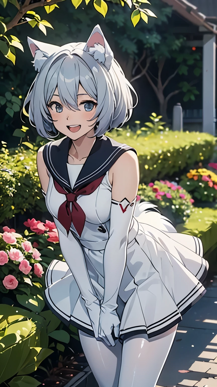 Tabletop　high resolution　Best image quality　8K　 Adult female　Anime Style　White long gloves（Elbow Gloves）　Pure white pantyhose　Sailor suit（Sleeveless）　mini skirt　White wolf ears　short hair（（Shortcuts）（Gray Hair）（Perm）（fluffy））　Eye  is blue　Fascinating face（（Laughter）（smile）（Open your mouth））　garden　Standing on one leg　Open your arms