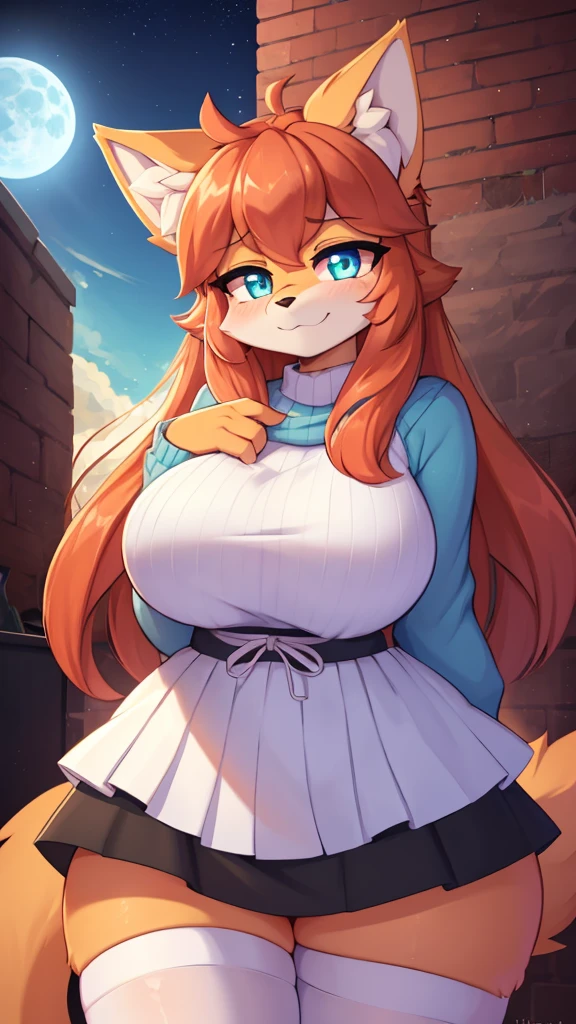 best qualityer,best resolution,(cute furry den :1.3),icing,cyan eyes,glare eyes,neon eyes,glare eyes,medium breasts,Pink sweater,(white skirt),white stockings,Dark blue sky,huge blue moon,hungry face,I wish smile,closed eye,gazing at viewer,full-face blush,Heavy breathing,too hot,heart eyes,shy expression eyes,shy pose,from front view,icing,Youngh (18 years old)by Kilinah, de Coffeesoda, by Hioshiru, by Kilinah, uploaded e621, comely and detailed portrait of a woman (((female))) anthro catboy, Zenemic Illumination, seducer, bl, catboy, thicc thighs, large breasted, whole body, comely, Messy hair, chestnut hair, eye white, thick, standing alone, standing, long hair, 2 tone hair ((orange | black)), catboy ears,  cattails, cattails, thicc thighs, Calico catboy, heterochromia ((rot | blue)), micro-bikini, black skirt, dark alley, he finished