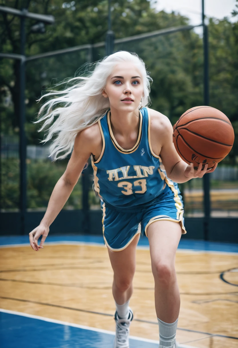 Female teenager with white hair up, blue eyes and white skin doing a dunk in basketball