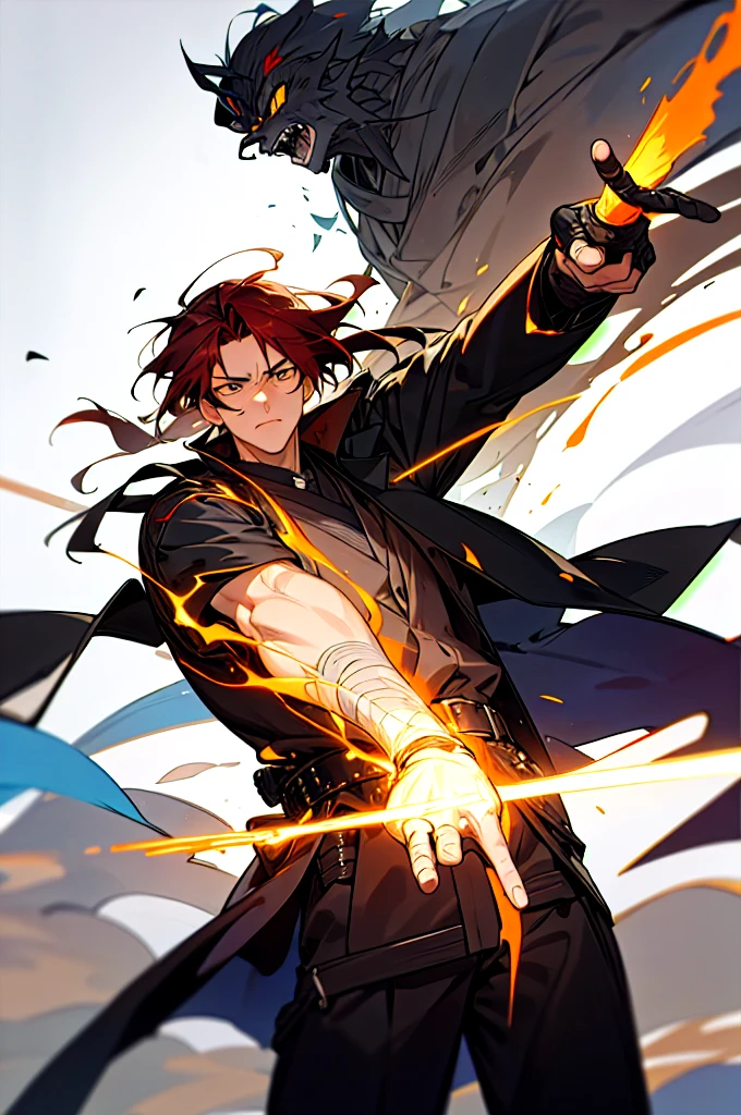 Kaelen Blackthorn stands tall and imposing, his dark red hair combed back neatly, revealing a stern and weathered face marked by the trials of countless battles. His piercing amber eyes, always vigilant, reflect a lifetime of hardship and unwavering determination. A large black coat, reminiscent of a gunslinger’s duster, drapes over his broad shoulders, flowing down to his ankles, adding a mysterious aura to his presence.
Strapped to his side is a sleek Katana, its hilt adorned with intricate carvings of ancient dragons, a symbol of his samurai heritage. Alongside the Katana, a smaller, more utilitarian sword rests, ready for swift, close-quarters combat. His coat subtly conceals the arsenal, yet allows quick access to his weapons, exemplifying the practicality of a seasoned warrior.
Kaelen’s attire combines the ruggedness of a cowboy with the elegance of a samurai. Underneath the coat, he wears a fitted leather vest over a traditional kimono-style shirt, merging functionality with a touch of his ancestral roots. His pants are durable and tailored, tucked into well-worn, high leather boots, ideal for traversing both urban landscapes and rugged terrains.
Adding to his unique appearance, Kaelen’s hands are clad in fingerless gloves, showcasing the calloused and scarred knuckles of a fighter who has seen many close encounters. A distinctive scar runs diagonally across his right cheek, a memento of a duel that almost claimed his life, serving as a constant reminder of the thin line between life and death in his line of work.
With an air of silent confidence and a demeanor that speaks volumes without uttering a word, Kaelen Blackthorn embodies the perfect fusion of cowboy grit and samurai honor, making him a formidable and unique mercenary in any realm.