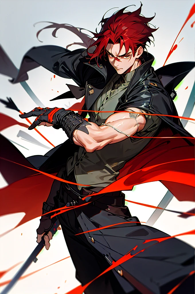 Kaelen Blackthorn stands tall and imposing, his dark red hair combed back neatly, revealing a stern and weathered face marked by the trials of countless battles. His piercing amber eyes, always vigilant, reflect a lifetime of hardship and unwavering determination. A large black coat, reminiscent of a gunslinger’s duster, drapes over his broad shoulders, flowing down to his ankles, adding a mysterious aura to his presence.
Strapped to his side is a sleek Katana, its hilt adorned with intricate carvings of ancient dragons, a symbol of his samurai heritage. Alongside the Katana, a smaller, more utilitarian sword rests, ready for swift, close-quarters combat. His coat subtly conceals the arsenal, yet allows quick access to his weapons, exemplifying the practicality of a seasoned warrior.
Kaelen’s attire combines the ruggedness of a cowboy with the elegance of a samurai. Underneath the coat, he wears a fitted leather vest over a traditional kimono-style shirt, merging functionality with a touch of his ancestral roots. His pants are durable and tailored, tucked into well-worn, high leather boots, ideal for traversing both urban landscapes and rugged terrains.
Adding to his unique appearance, Kaelen’s hands are clad in fingerless gloves, showcasing the calloused and scarred knuckles of a fighter who has seen many close encounters. A distinctive scar runs diagonally across his right cheek, a memento of a duel that almost claimed his life, serving as a constant reminder of the thin line between life and death in his line of work.
With an air of silent confidence and a demeanor that speaks volumes without uttering a word, Kaelen Blackthorn embodies the perfect fusion of cowboy grit and samurai honor, making him a formidable and unique mercenary in any realm.