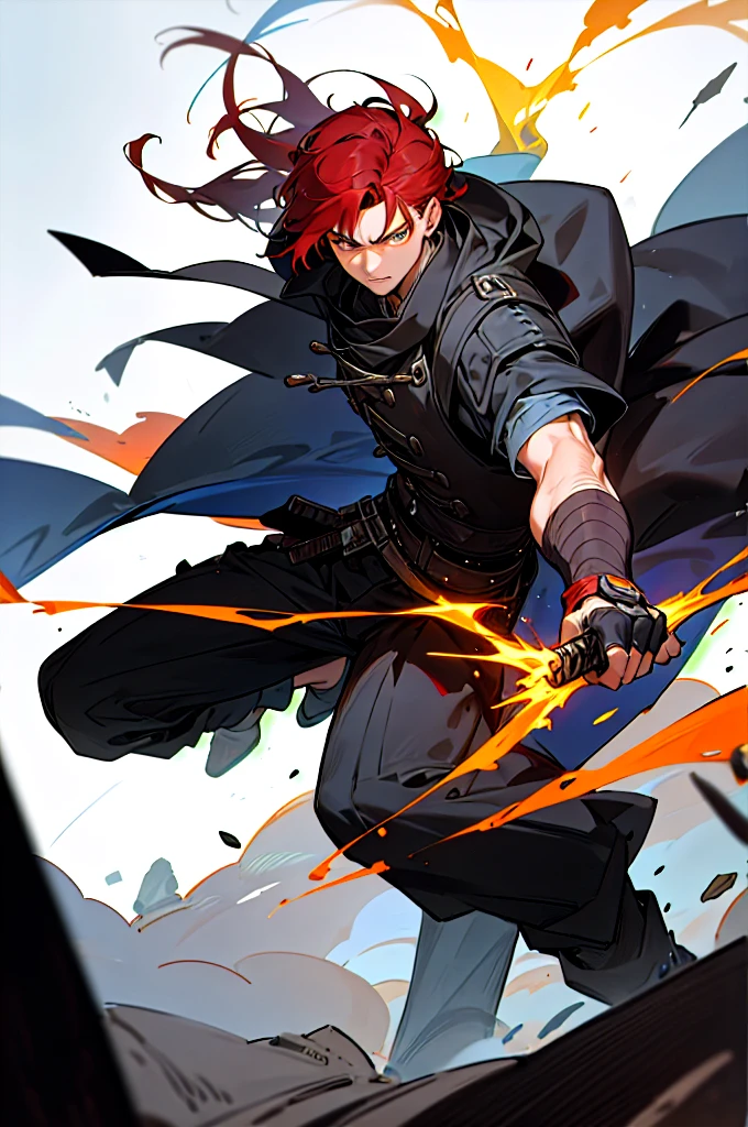 The character in question is a young man with shoulder-length red hair, which adds a note of intensity to his appearance. His blue eyes are piercing and expressive, reflecting his determination and acumen.
Despite his lean body structure, the character has slightly defined muscles, suggesting that he engages in regular physical training. His figure balances agility with surprising strength, which makes him a formidable opponent in combat.
In terms of dress, he wears black pants, which give him freedom of movement. Its main highlight is a black kimono with yellow ray details. These lightning details add a dynamic and mystical touch to your look.
The character has a black sickle with a special lightning bolt symbol connected by a chain to his arm. This scythe is an extension of his personality and fighting style. It is a versatile weapon that combines power and agility, allowing him to attack his opponents with precision and speed. The chain that connects it to the arm is a distinctive element, giving it flexibility and the ability to perform fluid movements.
Overall, the character is portrayed as a charismatic and skilled young man. His red hair, expressive blue eyes, along with his chain-connected sickle, make him an imposing and mysterious presence. He is someone whose looks and abilities certainly capture the attention of the people around him, making him an intriguing character in any story or setting.