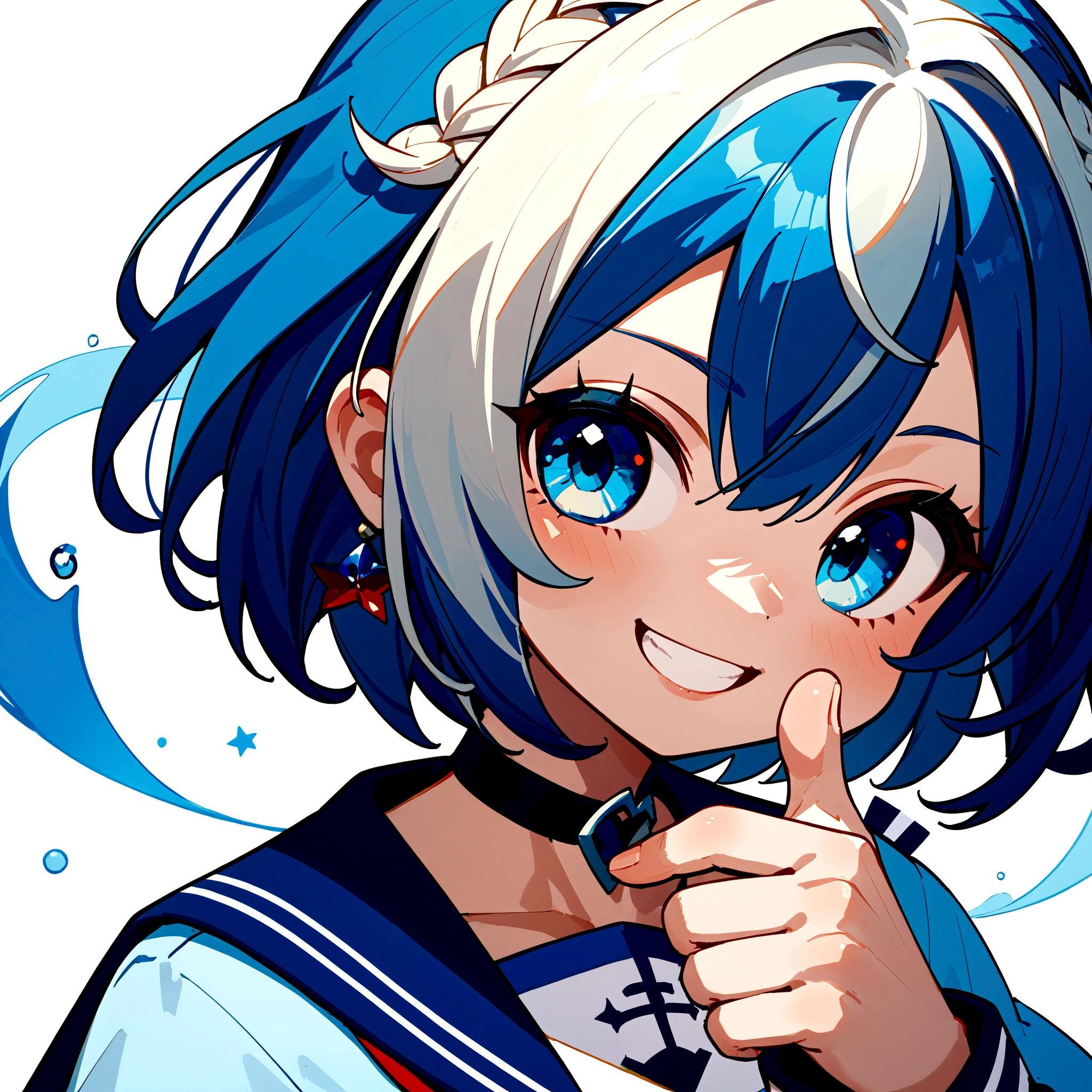 score_9, score_8_up, score_7_up, score_6_up, score_5_up, score_4_up,source_anime,rating_safe,rating_questionable,masterpiece, best quality, perfect anatomy , very aesthetic , absurdres , BREAK ,1girl,crownbraid-hair,blue and white mix hair, (1thumbs up:1.3),(close up face and hand:1.3),short hair,white background,big hand, big smile,cute,icon-style,simple background,sailor dress