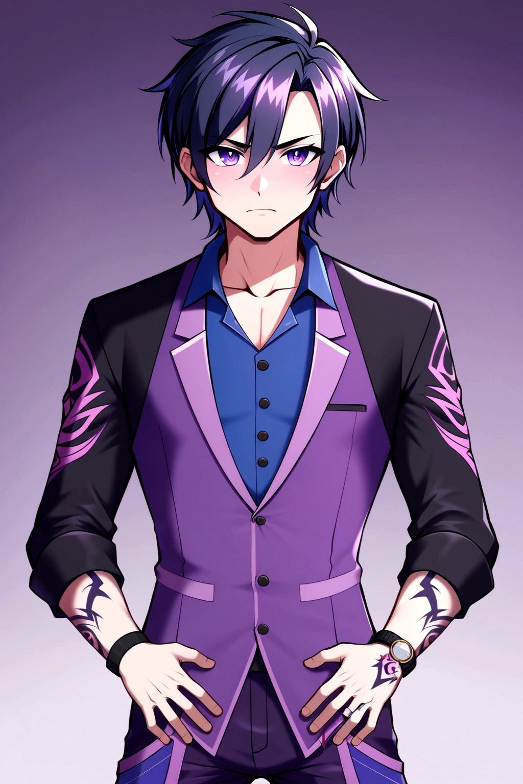 A man, adult face, pointed chin, purple eyes, his hair is black, medium length and a little messy. He has bangs that fall over his forehead and some longer strands around his ears.. upset expression, Un chaleco blue suit with fine stripes, A light blue dress shirt with the sleeves rolled up to the elbows, Pants matching the vest, blue suit with fine stripes, He wears a watch on his left wrist, You can see many tattoos on the forearms, elegant and casual clothing, hands on the sides of the waist, epic hike, blood on more hands, alone, purple background