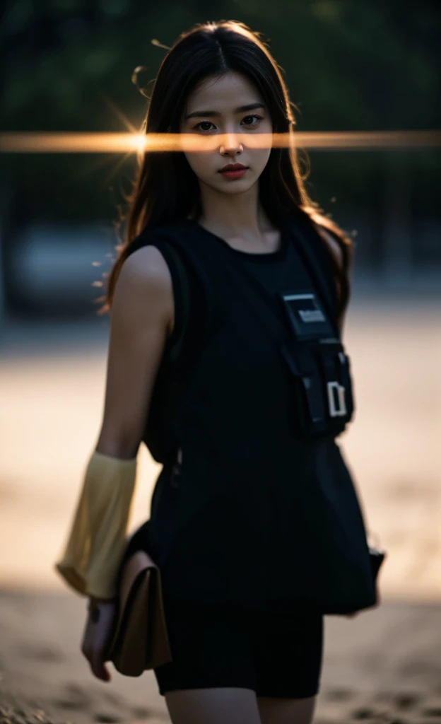Hyper Reality 8kCG,masterpiece,Best quality,(Photo Realism:1.4),HDR,major,RAW photos,Lens flare,(Film Grain:1.1),((Depth of Field)),,Realistic photos、Realistic skin texture、(Korean women as American mercenaries),(Pretty Face)Eyes with spirit,Long hair,Hand-held automatic rifle,Look determined、Bulletproof vest、Backpack、(full-body shot)重点放在Realistic skin texture上, Capture every tiny detail. The scene should be cruel, There are debris and impurities everywhere. The color should be bright, In stark contrast to the desolate background. The light should be bright, 图像应具有Best quality, With high resolution and realistic rendering.