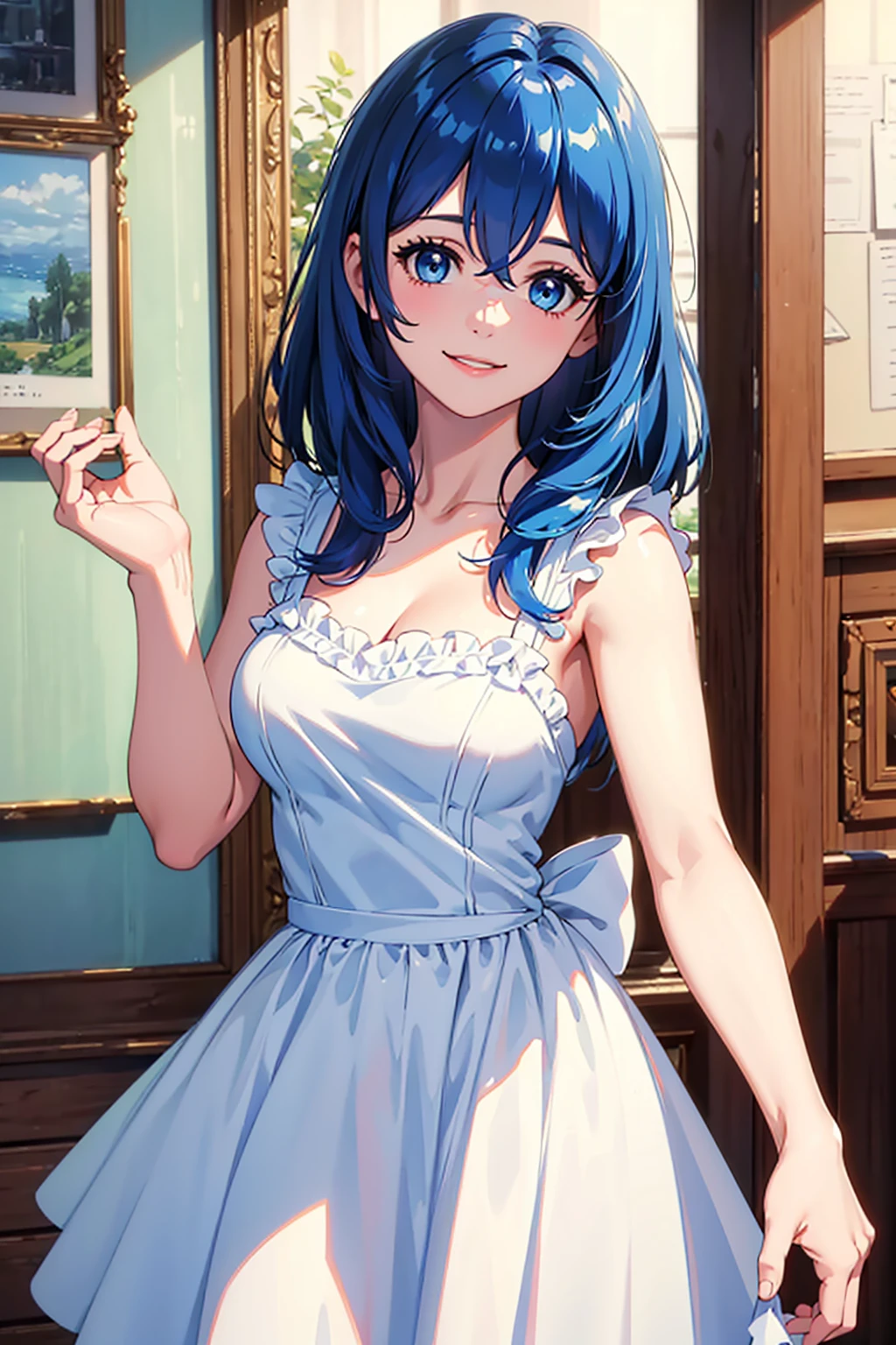 (best quality, masterpiece, RAW photo,ultra-detailed:1.2), 1girl,solo,looking at viewer,smile zooey deschanel ,blue hair, WHITE DRESS