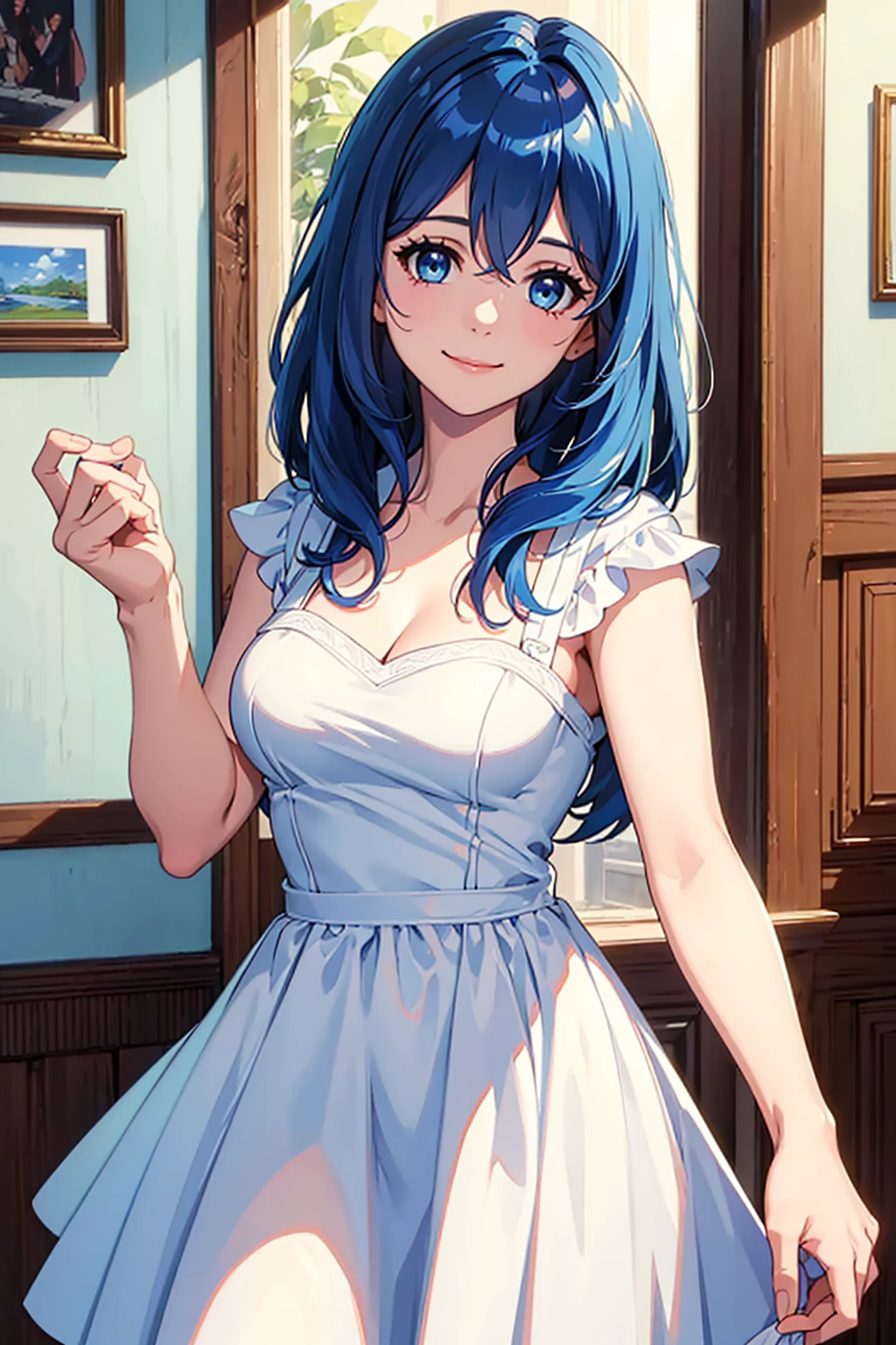 (best quality, masterpiece, RAW photo,ultra-detailed:1.2), 1girl,solo,looking at viewer,smile zooey deschanel ,blue hair, WHITE DRESS