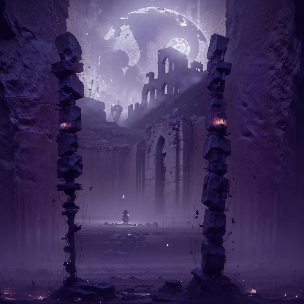 background main menu game, Ancient excavation site at night, Desolate atmosphere, Tragic aftermath of archeologists' deaths, Foreboding darkness, Sinister shadows, Dim lighting, Satanic symbols on ancient walls, Flickering candles and distorted shadows, Remnants of occult rituals, Ghastly silhouettes in moonlight, Unearthly whispers, Malevolent forces, Partially shrouded in fog, Mystery and isolation, Fractured tombstones and disturbed graves, Disturbed spirits, Dark and desaturated color palette, Eerie otherworldly hues, Unsettling center with an ancient partially opened portal, Ominous glow revealing a glimpse into the demonic realm