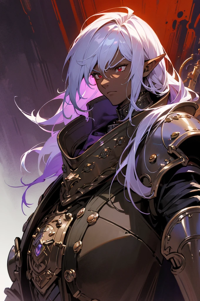 masterpiece, best quality, ultra high res, dark theme, 1boy, (dungeonpunk armor), (mechanical steampunk armor), (wearing armor), fantasy illustration, dark skinned, human, upper body, portrait, red eyes, long white hair, half-drow, pointy ears, serious face, young man, dramatic lighting, purple hue, art by Kinema Citrus