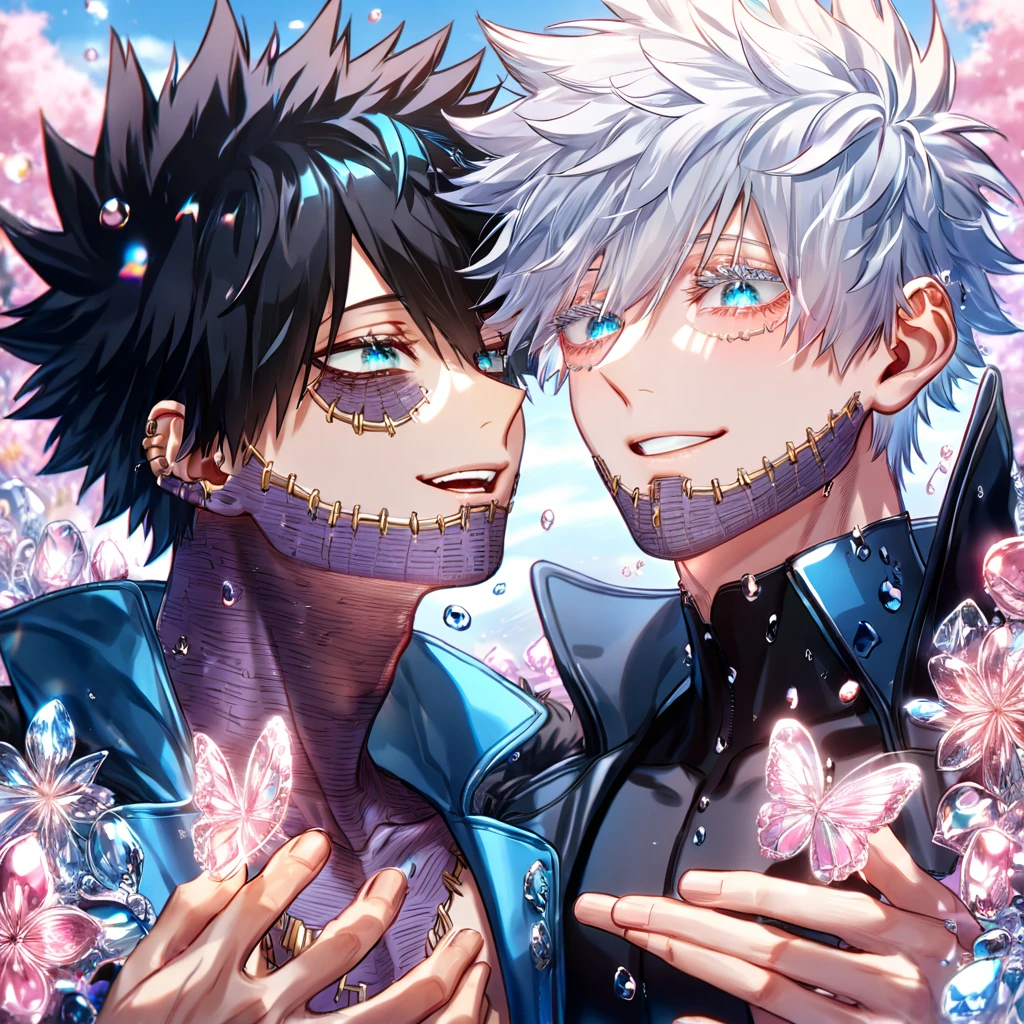 absurdres, highres, ultra detailed, HDR, master piece, best quality, extremely detailed face, delicated features, Dabi, black hair, expressive turquoise eyes, Boku No Hero Academia, Gojou Satoru, white hair, expressive blue eyes, white eyelashes, two sexy men together, gay couple, yaoi, handsome, smiling, blue jacket with fur, black T-shirt, black coat, fantasy, magical, pink glass butterflies, pink glass flowers, water, pink glass blossoms, pink glass moon, park, crystal glass style