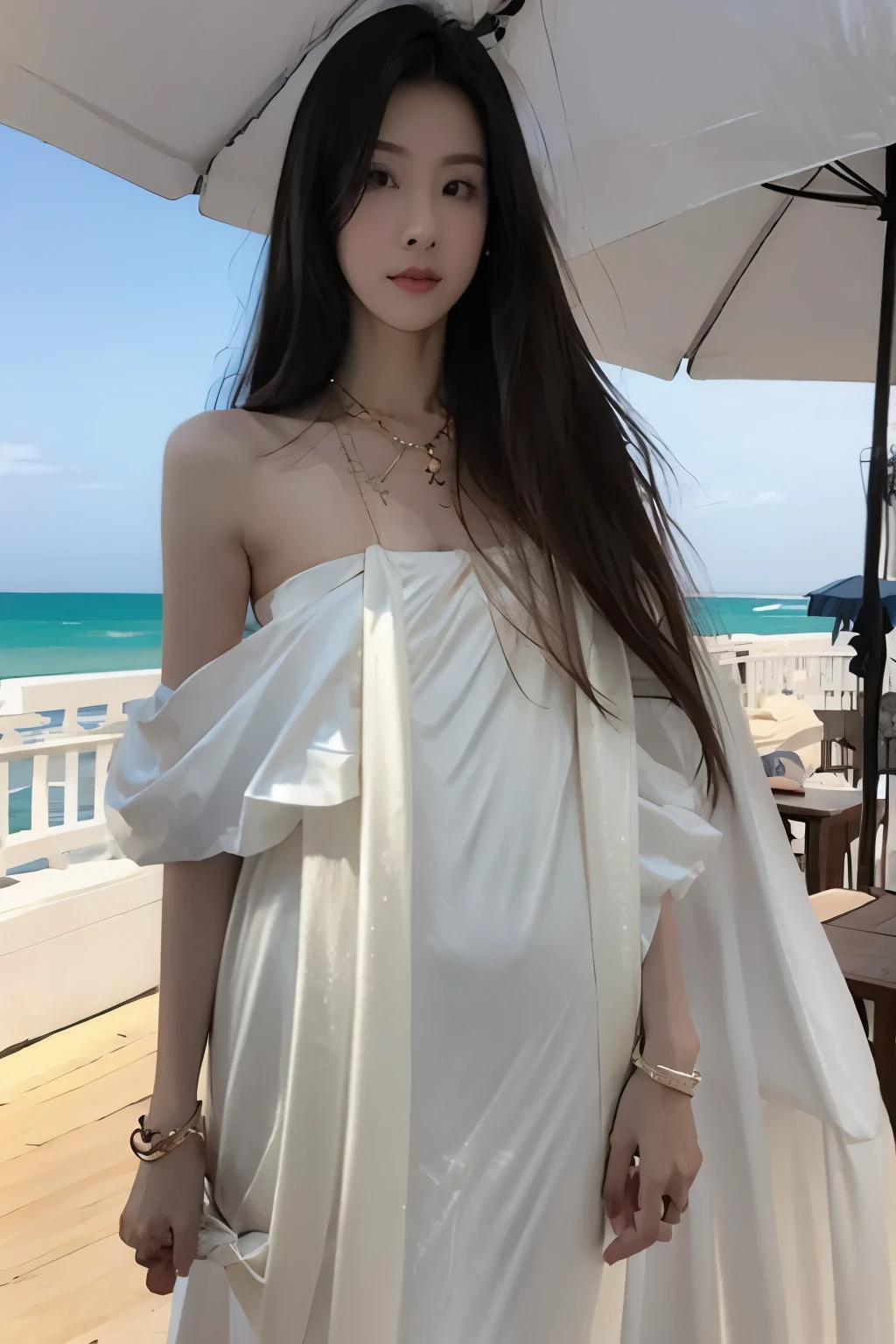 Beautiful girl in a white summer dress、17 age、japanes、Gazing at the sea from the deck of a ship、No bulge in the chest、Wheat-colored　The skin、heavy wind、A dark-haired、Luxury liner、少し日焼けしたThe skin、Black、