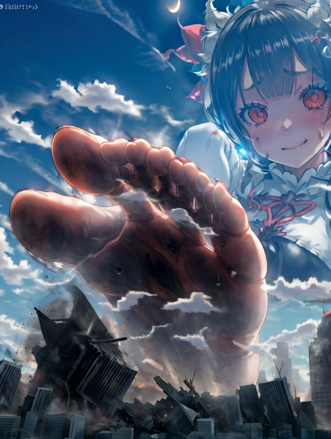 giant feet smash the city、two legs、put feet in the air、better feet,dirty feet,sole、human feet,five toes,attack of titaness、full body、high quality、great picture、Lol、bad face、Rem、Re:Zero、hell girl、huge demolition、giant demon、giant devil girl、scary powerful giant girl、huge impact、destroyed city and giantess、small buildings、city destroyed by giantess、small buildings on the ground、hardly destroyed buildings、cracking buildings、devil costume、row angle、Sitting Giant Girl、Make women bigger、Anime Style、Real Anime、Anime characters、scary smile、creepy face、白いSigh、Heat、Excited woman、scary smile、Sweat、Sweatが流れる、Sigh、Dark atmosphere、dark sky、Destroyed urban area、rubble、Anatomically correct、Accurate body、many people in panic