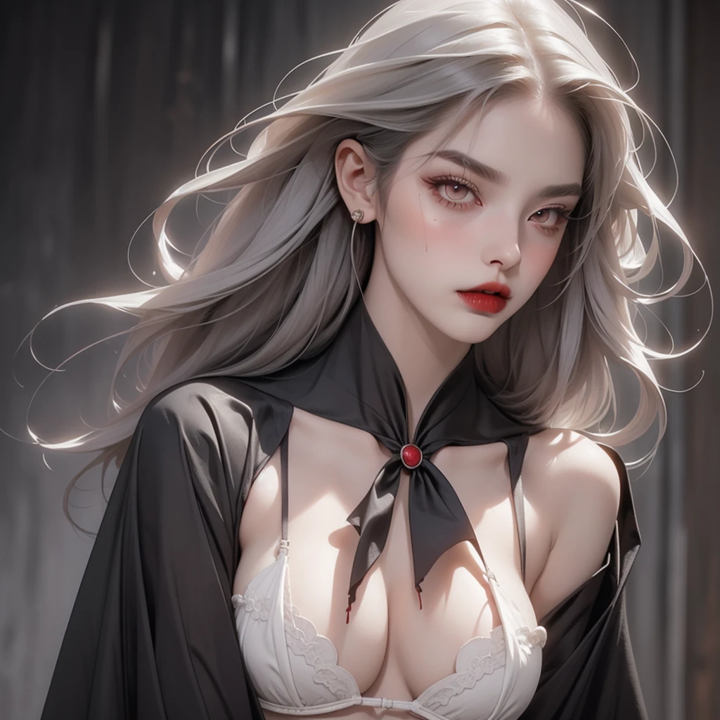 1 vampire girl, better_scar, veins, burn scar, scar on nose, white hair, long choppy hair, blunt bangs, serious, vampire, pale skin, lipstick, lips, red lips, big breasts, eyeliner, bra, fangs ((solo half body portrait) high quality ((HD)) beautiful, sexy