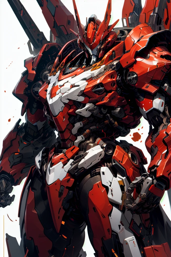 [(WHITE BACKGROUND:1.5)], nijimecha,red mech standing,mech with heavy armor,thick limbs,energy core,power armor,full armor,best quality,masterpiece,no human being,v-fin,bule theme