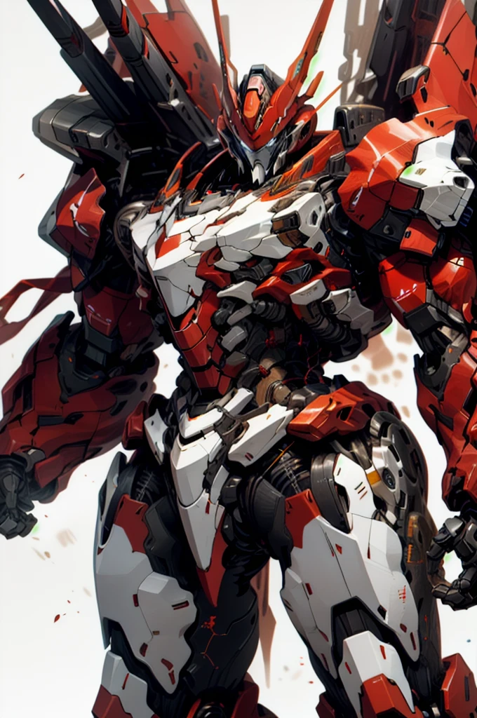 [(WHITE BACKGROUND:1.5)], nijimecha,red mech standing,mech with heavy armor,thick limbs,energy core,power armor,full armor,best quality,masterpiece,no human being,v-fin,bule theme