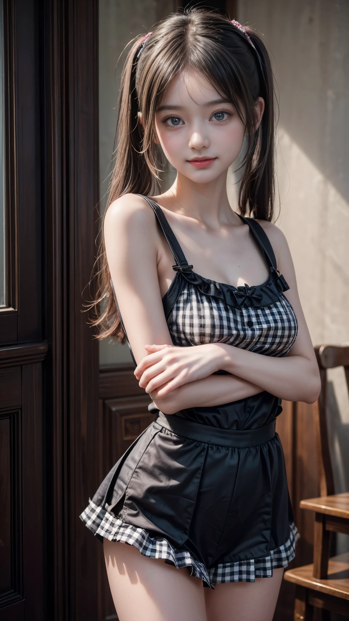 ((A beautiful girl wearing suspenders to accentuate her breasts)), (Cute school girl, , Baby-faced girl:1.5, Idol Face:1.2), (Cute outfits:1.3), Short Hair, Small beautiful breasts, Slender body line, Ultimate Beauty, ((Detailed eyes and face:1.2, Professional photography techniques)), Beautiful eyes wide open, Captivating Lips, Sexy look, (Highest quality, 8K, masterpiece:1.2, RAW Photos), (Photorealism:1.4), (Detailed hands and arms:1.2), (Delicate and beautiful hands of a girl:1.2), (Perfect Anatomy:1.2)