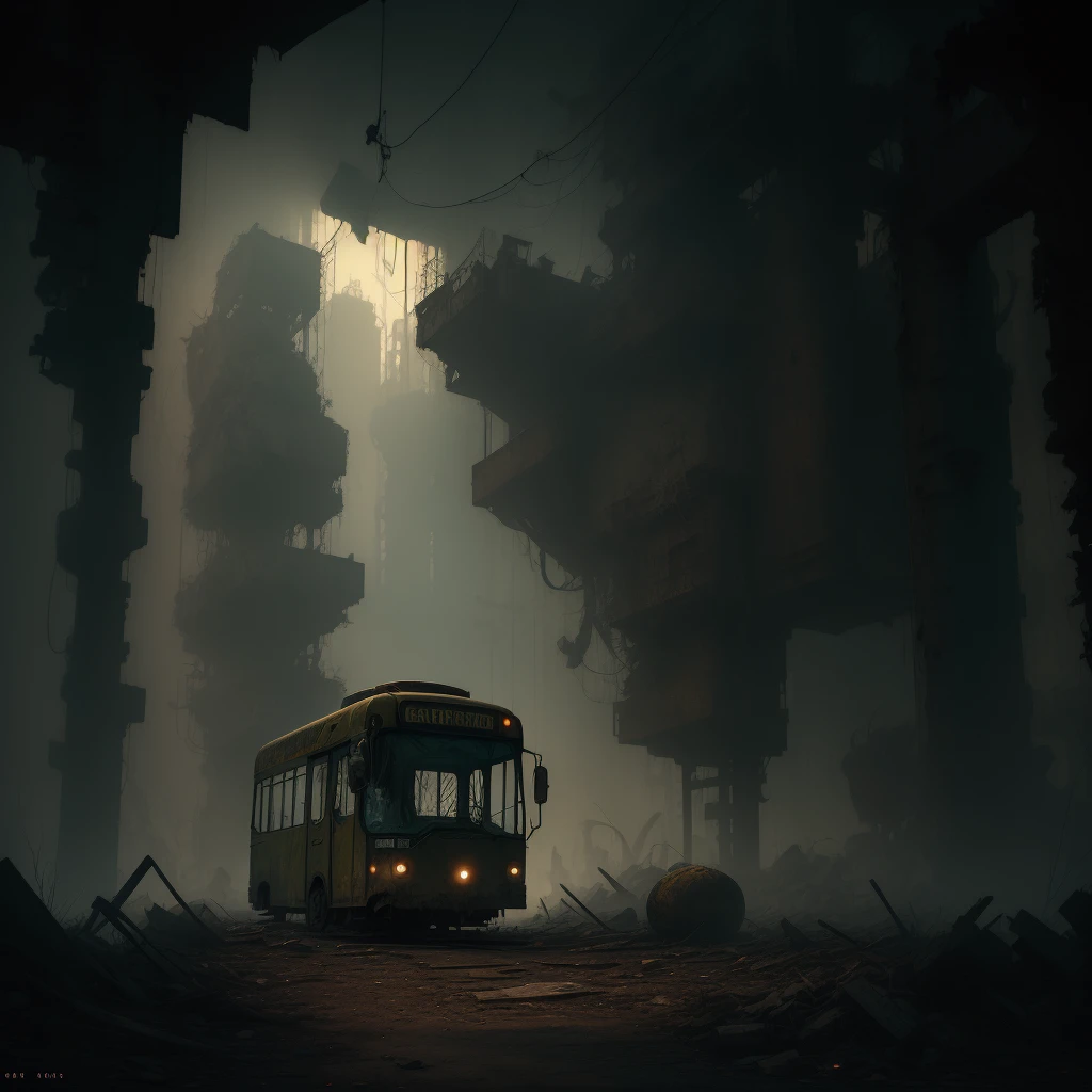 (Best Quality,4K,8K,high resolution, Masterpiece:1.2),ultra detailed, sharp focus,(realist,photorealist,photo-realist:1.37),extremely fine details, intricate details,vivid colors,intense colours,Deep contrast,cinematic depth of field,cinematographic composition,cinematic camera angle(Photography focused on abandoned industrial machinery.), abandoned coal mine landscape, machine placed, ((Trolleybus in ruins, Abandoned heavy equipment, industrial waste)), quiet, Lonely, minimalist, industrial environment, Heavy equipment, spiderweb, dusty, Disturbing silence, crumbling walls, oxide, overgrown vegetation, Remnants of past activities, dark space, broken window, calm colors, mysterious atmosphere