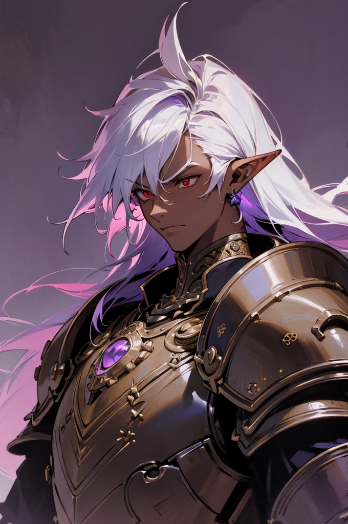 masterpiece, best quality, ultra high res, dark theme, 1boy, (dungeonpunk armor), (mechanical steampunk armor), (wearing armor), fantasy illustration, dark skinned, human, upper body, portrait, red eyes, long white hair, half-drow, pointy ears, serious face, young man, dramatic lighting, purple hue, art by Kinema Citrus