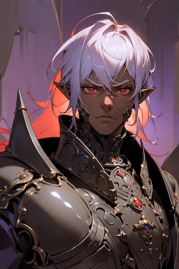 masterpiece, best quality, ultra high res, dark theme, 1boy, (dungeonpunk armor), (mechanical steampunk armor), (wearing armor), fantasy illustration, dark skinned, human, upper body, portrait, red eyes, long white hair, half-drow, pointy ears, serious face, young man, dramatic lighting, purple hue, art by Kinema Citrus