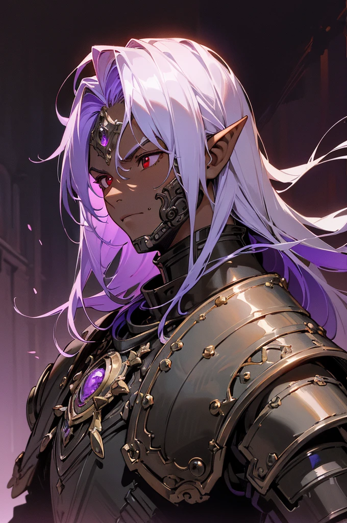 masterpiece, best quality, ultra high res, dark theme, 1boy, (dungeonpunk armor), (mechanical steampunk armor), (wearing armor), fantasy illustration, dark skinned, human, upper body, portrait, red eyes, long white hair, half-drow, pointy ears, serious face, young man, dramatic lighting, purple hue, art by Kinema Citrus