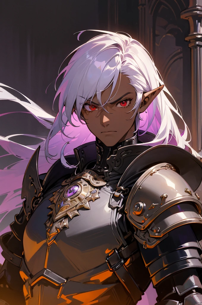 masterpiece, best quality, ultra high res, dark theme, 1boy, (dungeonpunk armor), (mechanical steampunk armor), (wearing armor), fantasy illustration, dark skinned, human, upper body, portrait, red eyes, long white hair, half-drow, pointy ears, serious face, young man, dramatic lighting, purple hue, art by Kinema Citrus