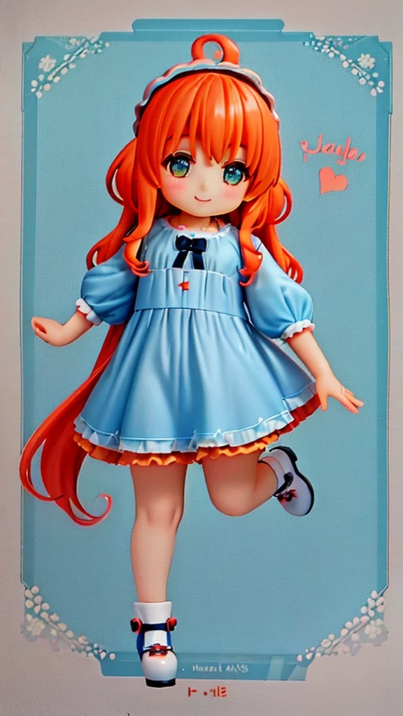 Ultra-high-detail images 3 year old girl Chubby and cute with a smile Orange Hair Big sparkling eyes Light blue cute outfit Full Body Shot Facing forward Long Hair