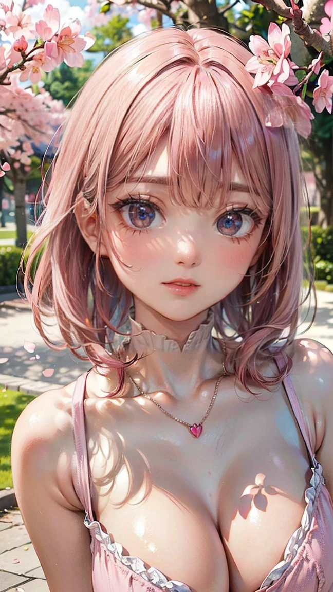 (Masterpiece, BestQuality:1.3), (ultra detailed:1.2), (hyperrealistic:1.3), (RAW photo:1.2), High detail RAW color photo, professional photograph, (Photorealistic:1.4), (realistic:1.4), (Pink Hair:1.5), professional lighting, perfect anatomy, (Big Breasts:1.2), (blush, detailed face), (A happy smile:1.7), Trending Hair&Trending Hairカラーをランダムに, earrings, necklace, bracelet, sexly, erotic sexly, Random sexy gravure poses, (Woman in 、The background is under a cherry blossom tree、pure smile、Medium Hair、Open chest pose:1.3)