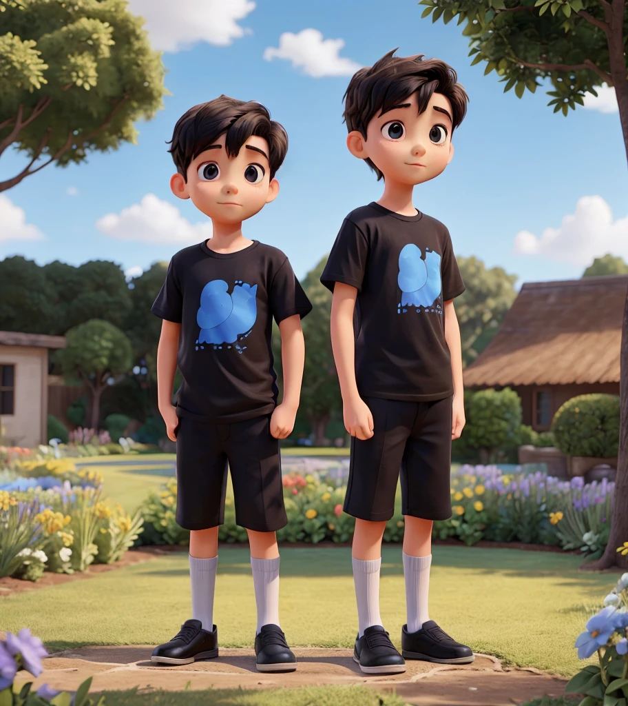 Two young boys a black T-shirt and second blue shirt stand in garden