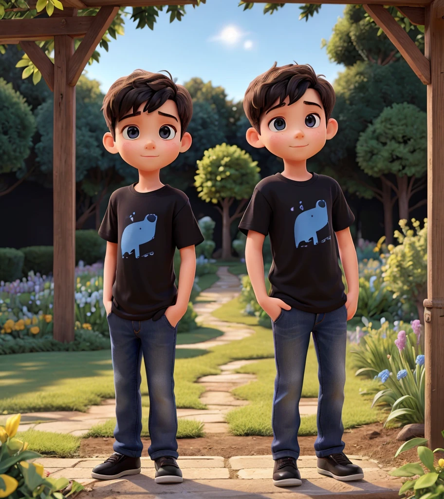 Two young boys a black T-shirt and second blue shirt stand in garden