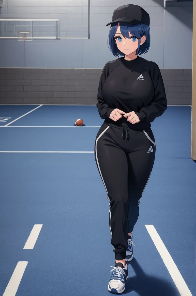 A woman wearing a black sweatshirt with blue details, black sports pants, sports sneakers, wearing a black cold cap, weak blue hair, short hair, blue eyes, smiling, big breasts, walking on a sports court, athletics floor, postured in a foot, winter background, background building, daytime location, (solo woman)