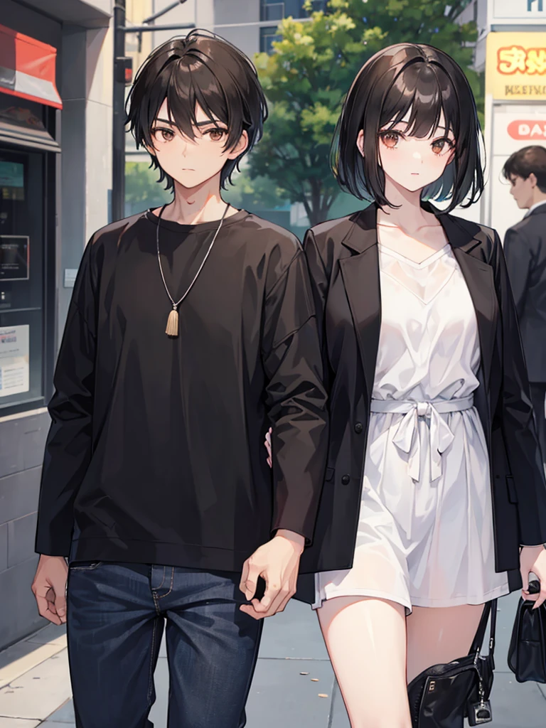 a woman with straight black hair and a man with short straight brown hair being a cute couple