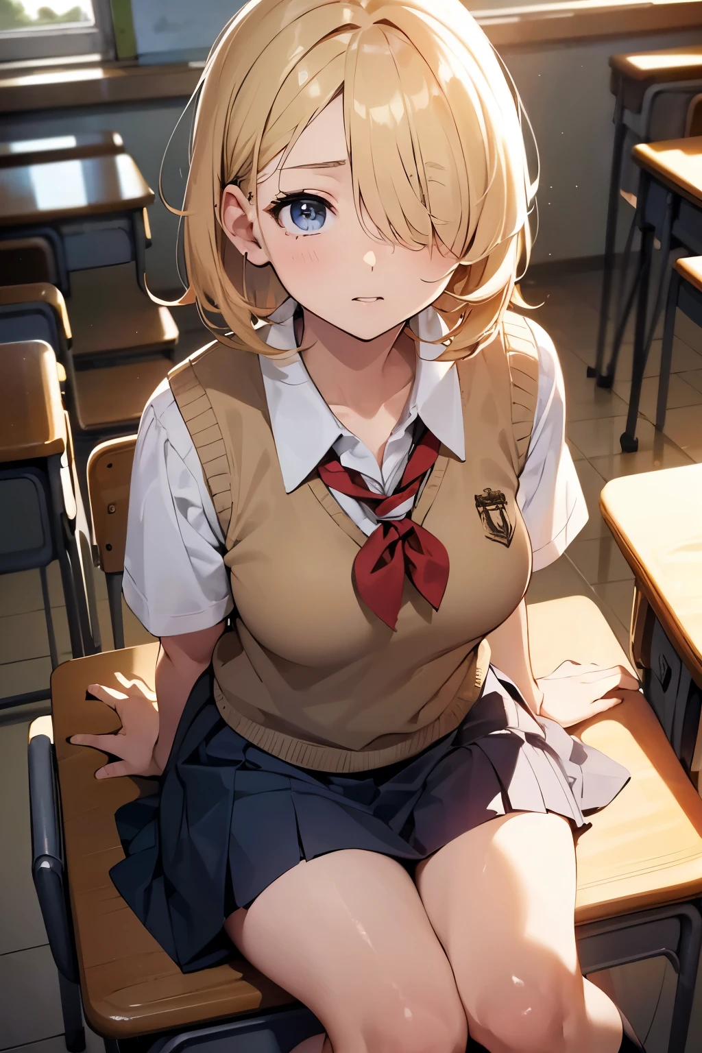 1 Girl, , 超High resolution, retina, masterpiece, Accurate, Anatomically correct, Rough skin, Very detailedな, Advanced Details, high quality, Awards, 最high quality, High resolution, High resolution, 4K,(anime,8K,masterpiece, 最high quality, 最high quality,beautifully、aesthetic:1.2,Professional Illustration:1.1,Very detailedな:1.3,Perfect lighting),Very detailed,Most detailed,High resolution,Cute pose,Embarrassing,(light blonde hair),(hair over one eye:1.8),(short hair),classroom,(school uniform:1.9),tareme,round eyes,put hair in ears, Sit on a chair,Lunch Box,eating,