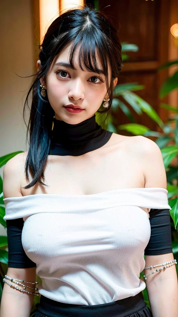 Indian look best quality, ultra high res, (photorealistic:1.4), 1girl, off-shoulder white shirt, black tight skirt, black choker, (faded ash gray hair:1), (huge breasts:1.2), looking at viewer, closeup 